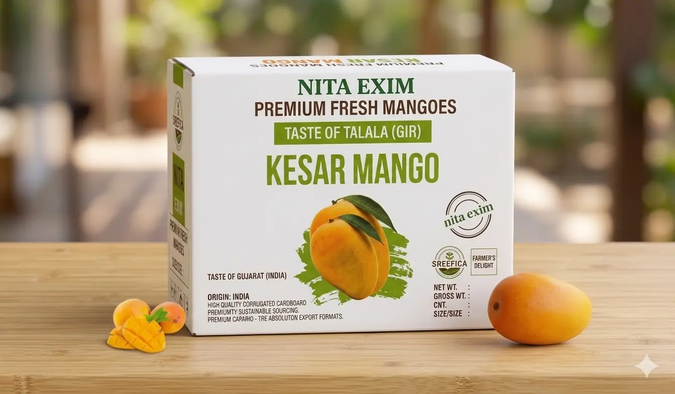 NITA EXIM premium fresh Kesar mango export box packaging design